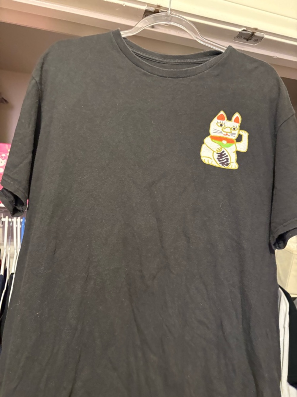 Men's Black Short-Sleeve Tee with Lucky Cat Patch